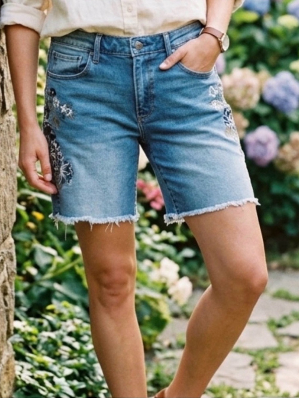 Driftwood Embroidered Denim Bermuda Shorts - Light Blue